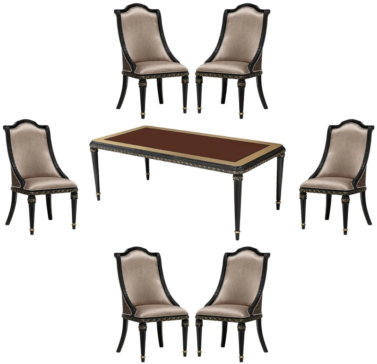 Luxus Barock Esszimmer Set Silber / Braun / Schwarz / Gold - 1 Barock Esstisch & 6 Barock Esszimmerstühle - Luxus Esszimmer Möbel im Barockstil - Prunkvolle Barock Esszimmer Möbel