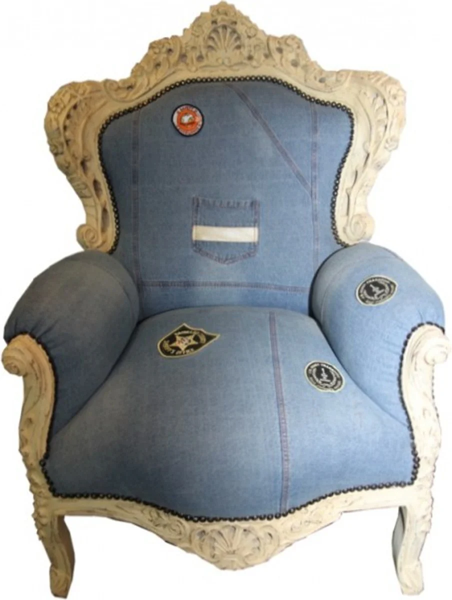 Barock Sessel King Jeans Style / Antik Creme 85 x 85 x H. 120 cm - Luxus Barock Möbel