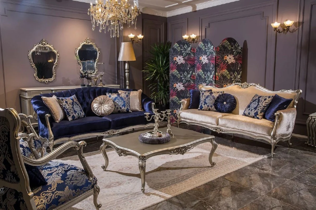 Luxus Barock Wohnzimmer Set Blau / Rosa / Silber - 2 Barock Sofas & 2 Barock Sessel & 1 Barock Couchtisch - Wohnzimmer Möbel im Barockstil - Barock Möbel - Barock Einrichtung