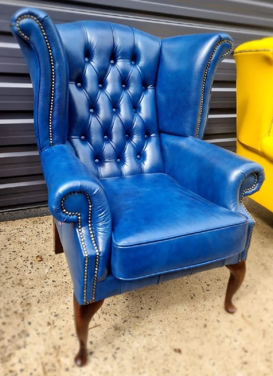 Luxus Chesterfield Ohrensessel Blau / Dunkelbraun 98 x 90 x H. 110 cm - Echtleder Chesterfield Wohnzimmer Sessel - Wohnzimmer Möbel - Chesterfield Möbel - Luxus Leder Möbel