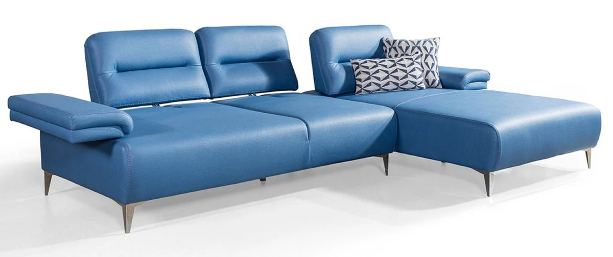 Luxus Kunstleder Ecksofa Blau / Silber 285 x 182 cm - Wohnzimmer Möbel