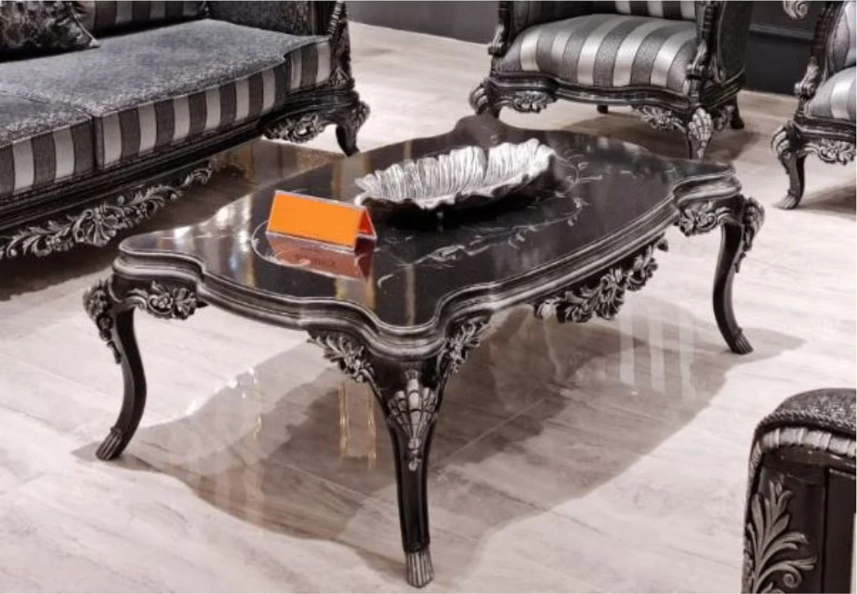 Luxus Barock Couchtisch Schwarz / Silber - Handgefertigter Massivholz Wohnzimmertisch im Barockstil - Prunkvolle Barock Wohnzimmer Möbel