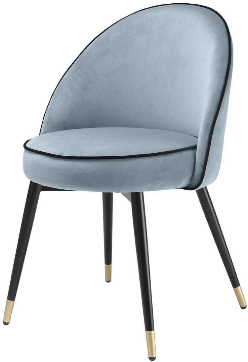 Luxus Esszimmerstuhl Set Blau / Schwarz / Messing 55 x 64 x H. 83 cm - Esszimmerstühle mit edlem Samtstoff - Esszimmer Möbel