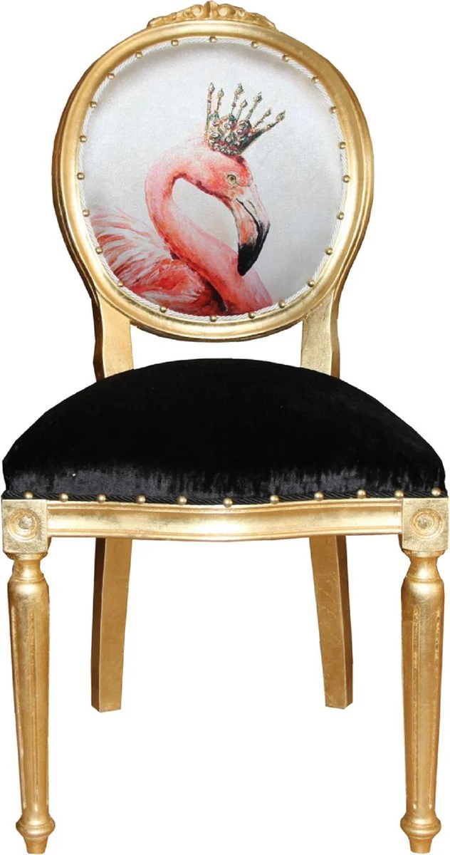 Luxus Barock Esszimmer Set Flamingo mit Krone Gold / Schwarz / Mehrfarbig 48 x 50 x H. 98 cm - 4 handgefertigte Esszimmerstühle mit Bling Bling Glitzersteinen - Barock Esszimmermöbel