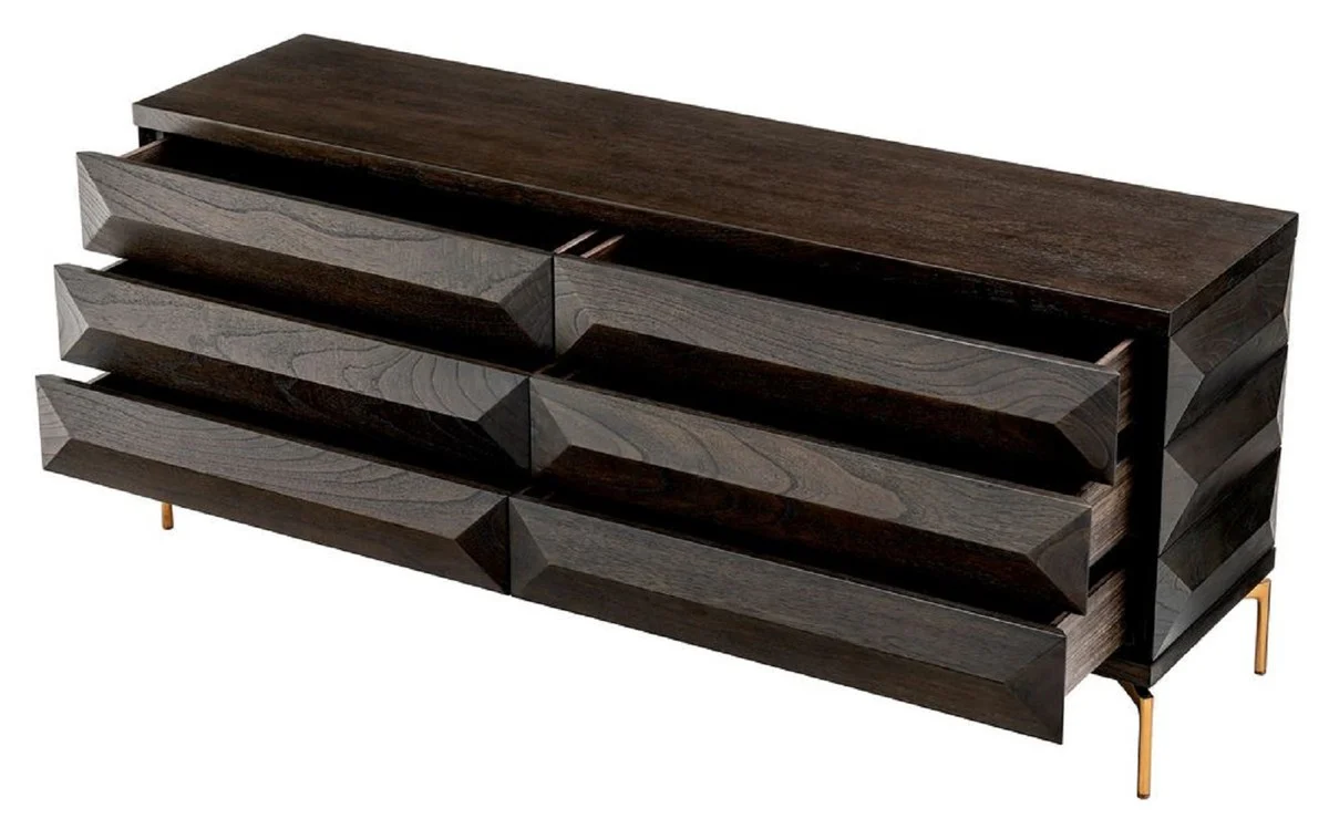 Luxus Massivholz Kommode mit 6 Schubladen Mokka / Messing 182 x 48 x H. 75 cm - Schlafzimmer Kommode - Schlafzimmer Möbel - Luxus Möbel - Luxus Einrichtung - Möbel Luxus