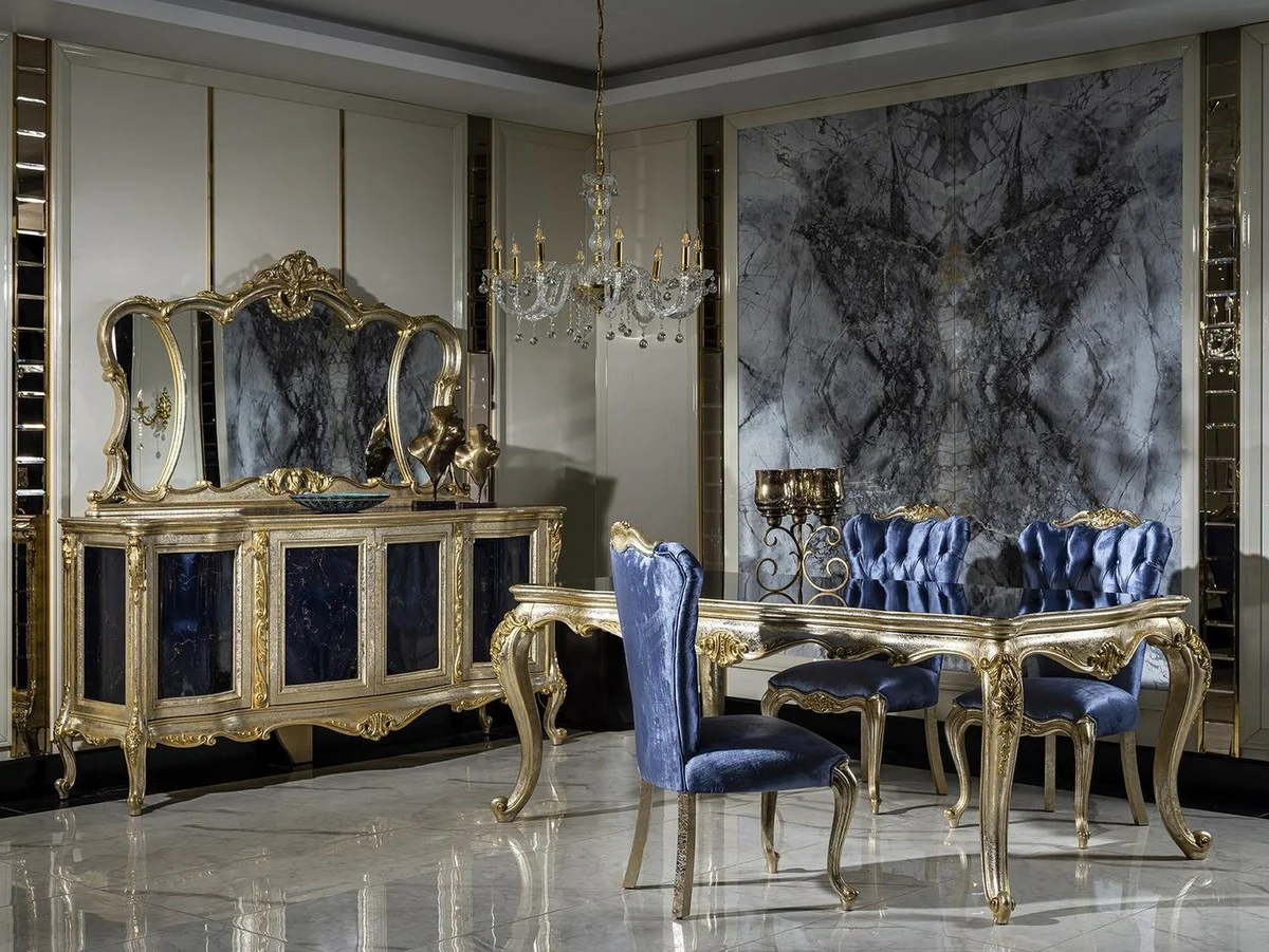 Luxus Barock Esszimmerstuhl Set Blau / Silber / Gold - Handgefertigtes Küchen Stühle 6er Set - Barock Esszimmer Möbel - Edel & Prunkvoll