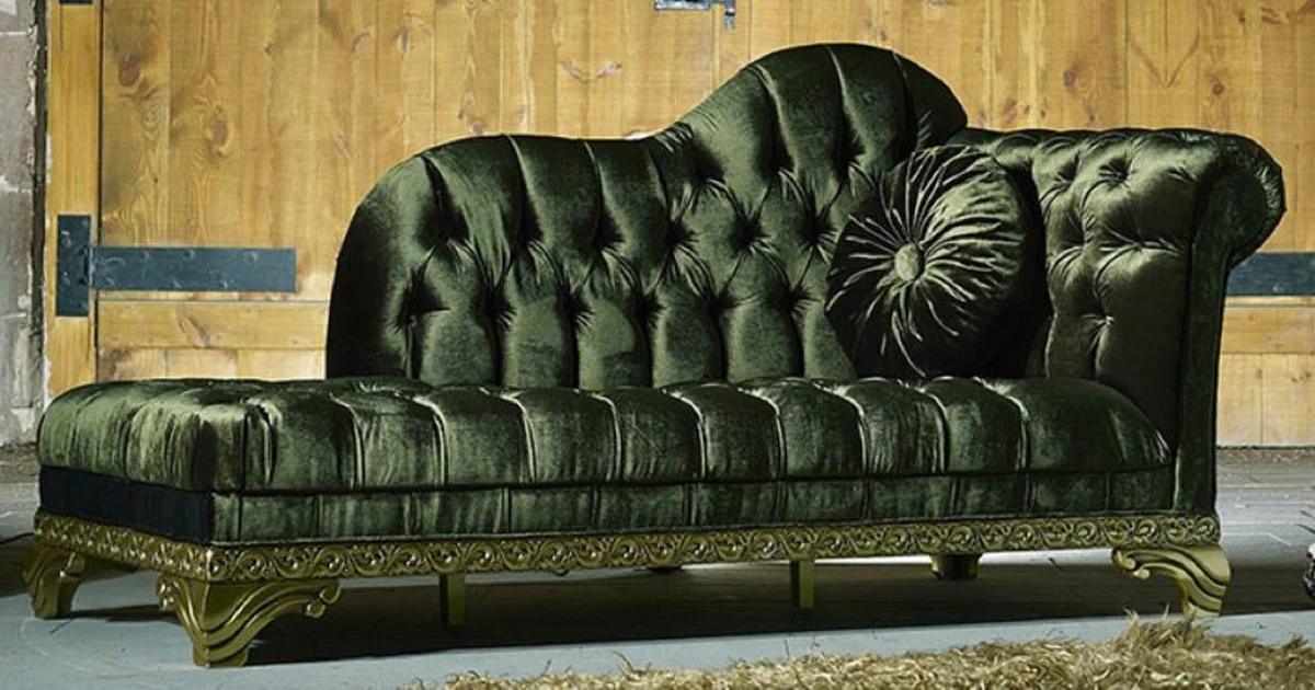 Luxus Barock Chaiselongue Grün - Handgefertigte Massivholz Recamiere mit edlem Samtstoff und dekorativem Kissen - Barock Möbel - Edel & Prunkvoll