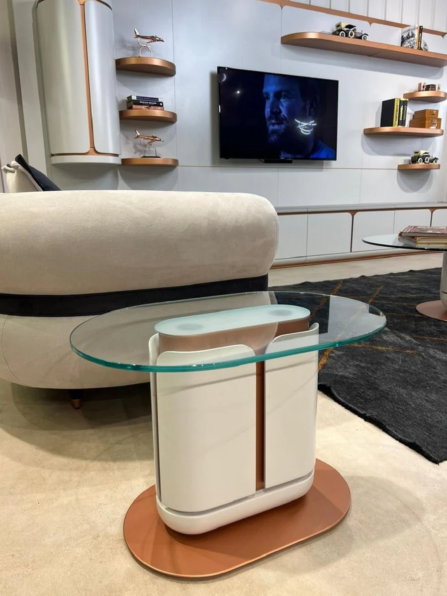 Luxus Beistelltisch Weiß / Kupfer 60 x 40 x H. 40 cm - Ovaler Tisch mit Glasplatte - Wohnzimmer Möbel - Hotel Möbel - Luxus Möbel