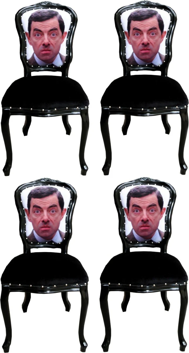 Luxus Barock Esszimmer Set Karikatur Mehrfarbig / Schwarz 55 x 54 x H. 103 cm - 4 handgefertigte Esszimmerstühle - Designer Stühle - Barock Esszimmermöbel