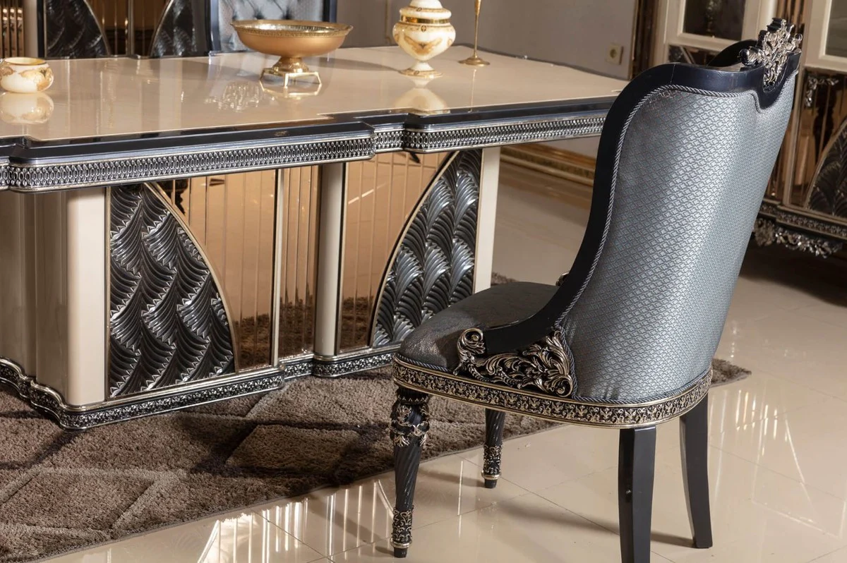 Luxus Barock Esszimmerstuhl 6er Set Hellblau / Schwarz / Gold - Barockstil Küchenstühle mit Muster - Luxus Esszimmer Möbel im Barockstil - Barock Esszimmer Möbel - Barock Einrichtung