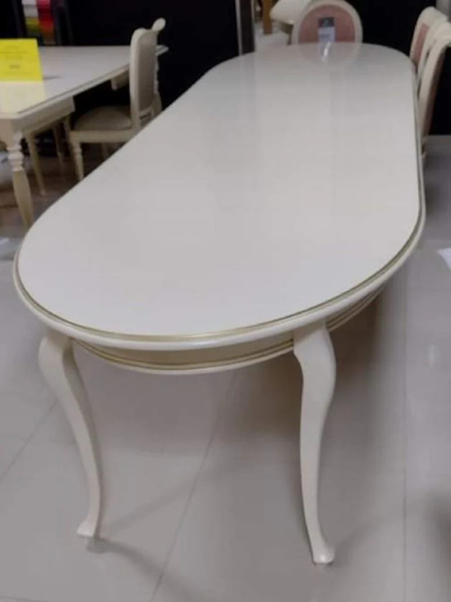 Luxus Jugendstil Esstisch Cremefarben / Gold 160-360 x 110 x H. 78 cm - Ovaler Ausziehbarer Massivholz Esszimmertisch - Barock & Jugendstil Esszimmer Möbel