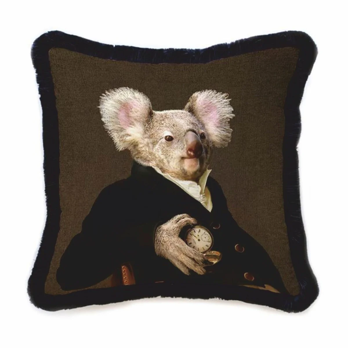 Luxus Deko Samt Kissen Sir Koala Bär Braun / Schwarz 45 x 45 cm