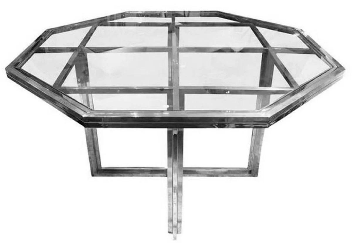 Luxus Designer Esstisch Silber 100 x 100 x H. 78 cm - Metall Esszimmertisch mit Glasplatte - Esszimmer Möbel - Luxus Möbel