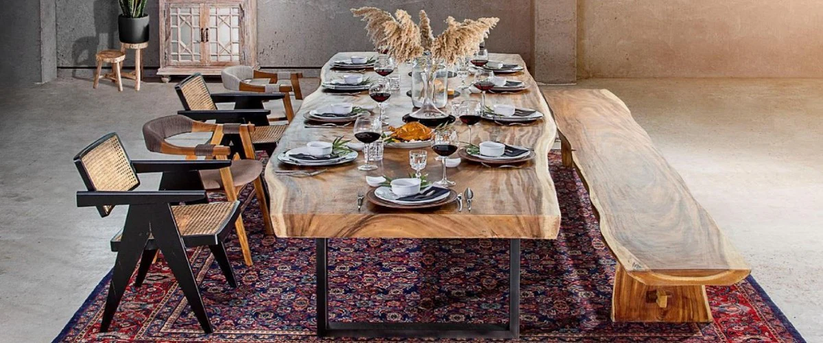 Luxus Esstisch Naturfarben / Schwarz 400 x 100-120 x H. 76 cm - Rechteckiger Küchentisch mit Massivholz Tischplatte - Esszimmer Möbel - Küchen Möbel - Luxus Möbel - Luxus Einrichtung