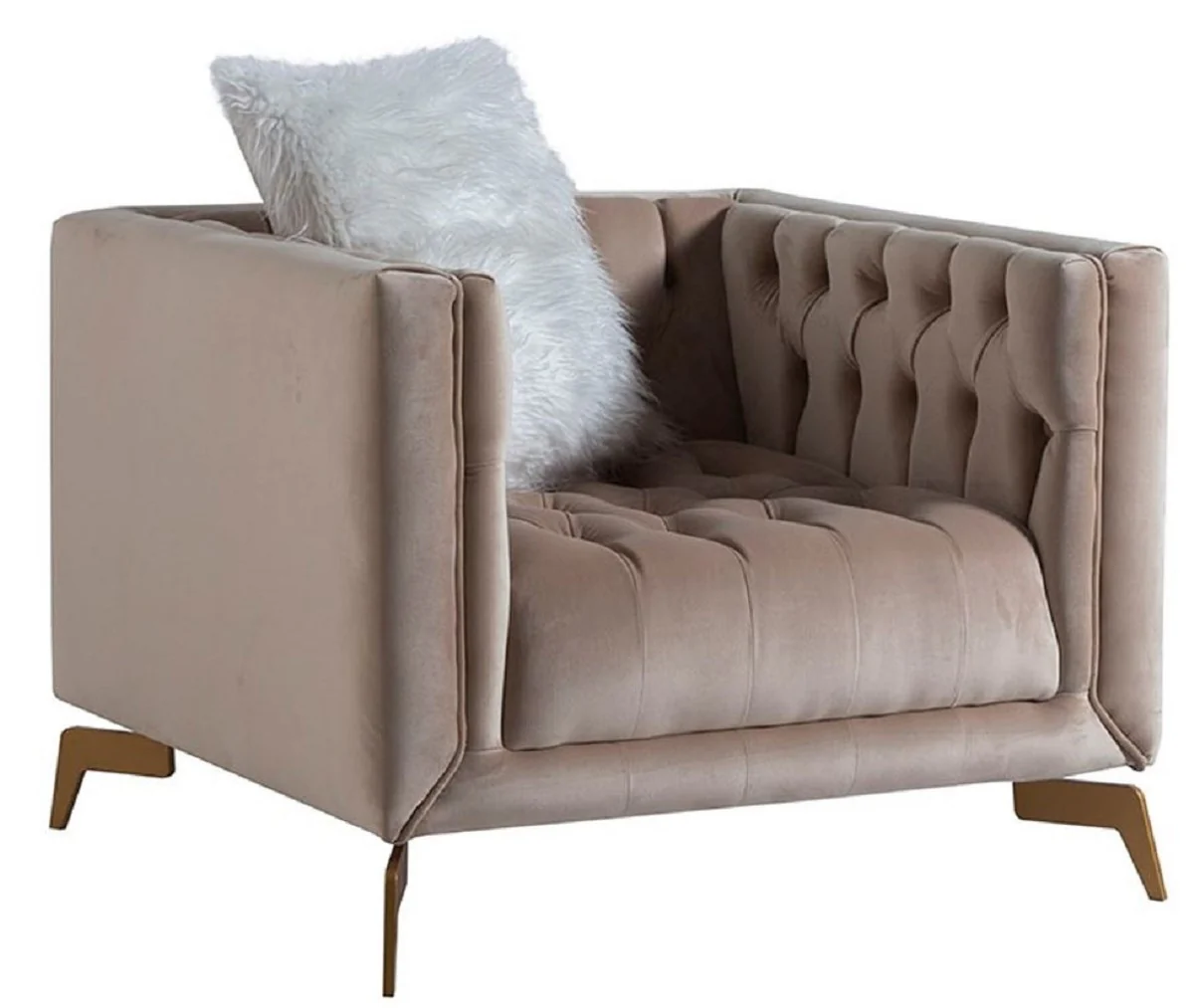 Luxus Chesterfield Sessel Grau / Messingfarben 90 x 85 x H. 75 cm - Moderner Chesterfield Wohnzimmer Sessel - Luxus Chesterfield Wohnzimmer Möbel