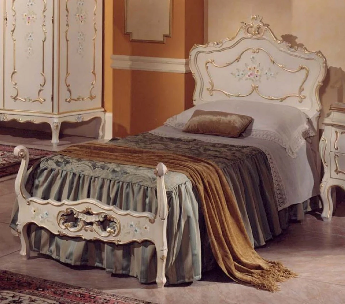 Luxus Barock Einzelbett Elfenbein / Mehrfarbig / Gold - Prunkvolles Barockstil Massivholz Bett - Luxus Schlafzimmer Möbel im Barockstil - Luxus Qualität - Made in Italy