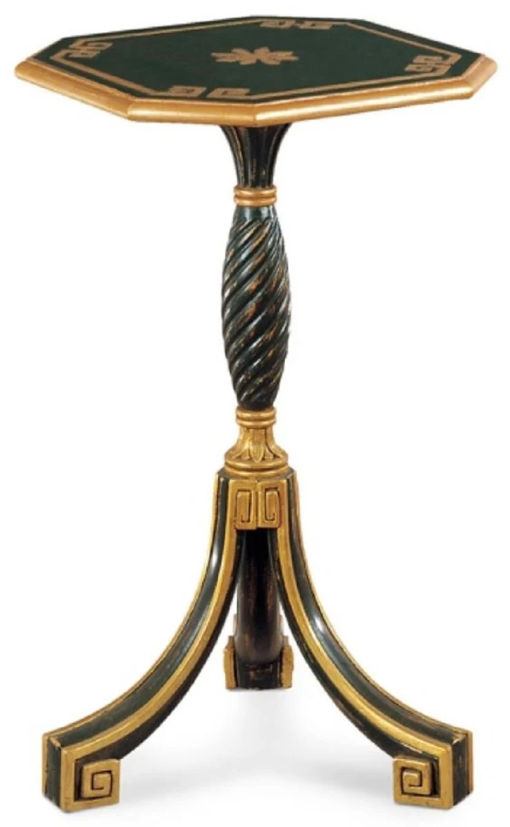 Luxus Barock Beistelltisch Antik Grün / Antik Gold - Barockstil 3-Bein Massivholz Tisch mit 8-eckiger Tischplatte - Luxus Möbel im Barockstil - Luxus Qualität - Made in Italy