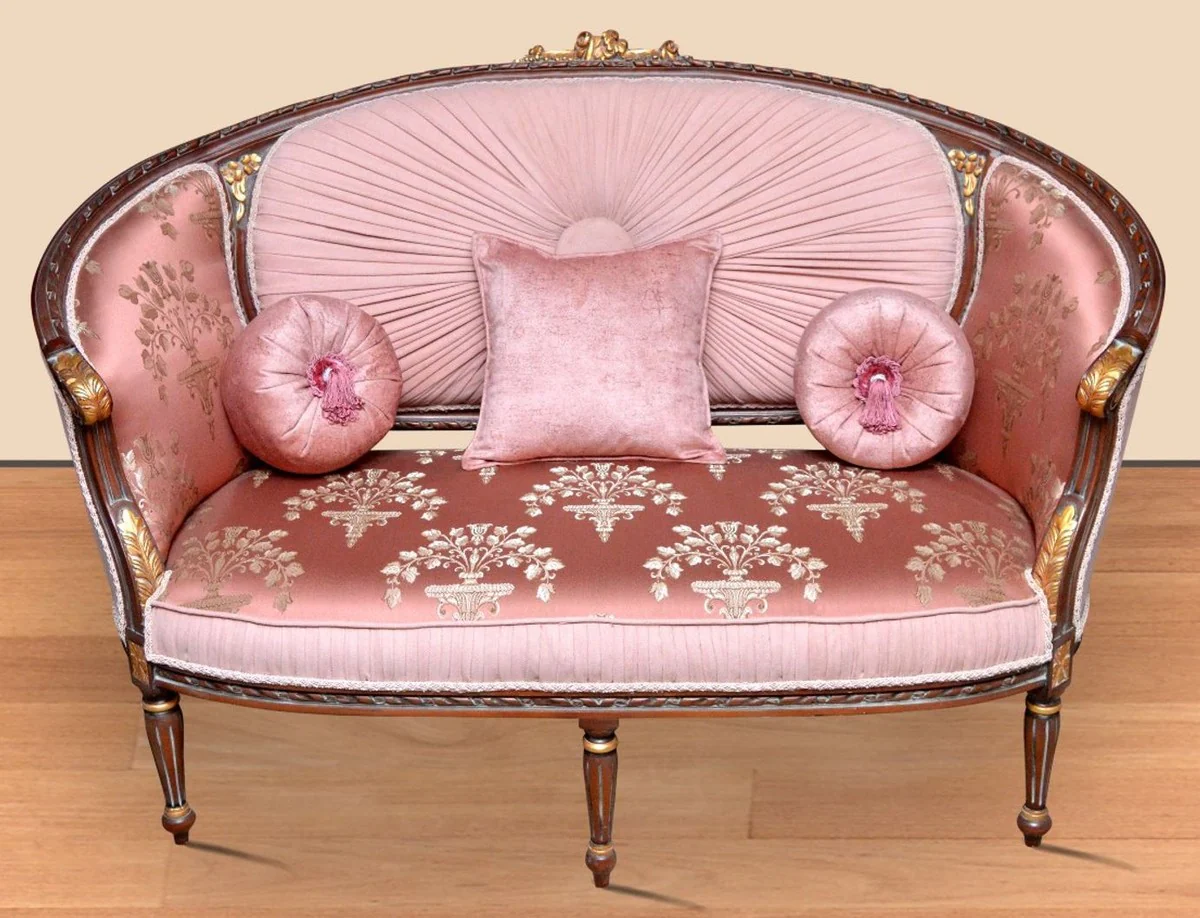 Barock Sofa Rosa Muster / Braun / Gold - Handgefertigtes Wohnzimmer Sofa im Barockstil - Prunkvolle Barock Wohnzimmer Möbel