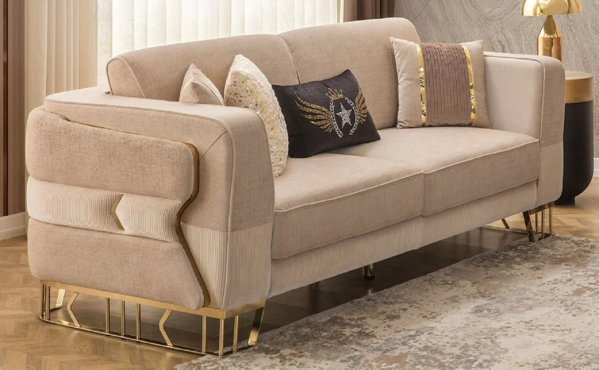 Luxus Sofa Hellbraun / Gold 230 x 90 x H. 77 cm - Wohnzimmer Sofa - Hotel Sofa - Wohnzimmer Möbel - Hotel Möbel - Luxus Möbel - Wohnzimmer Einrichtung - Luxus Einrichtung