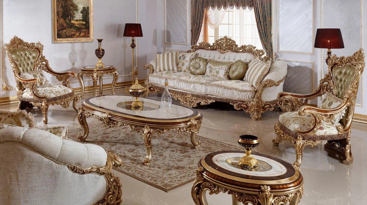 Luxus Barock Couchtisch Weiß / Braun / Gold - Prunkvoller Wohnzimmertisch mit Glasplatte - Barock Wohnzimmer Möbel - Edel & Prunkvoll