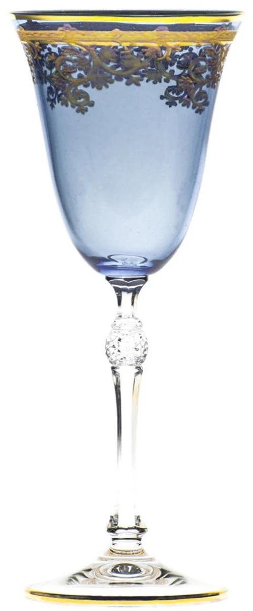 Luxus Barock Weinglas 6er Set Hellblau / Gold Ø 9 x H. 21,5 cm - Handgefertigte gravierte und handbemalte Weingläser - Hotel & Restaurant Accessoires - Luxus Qualität