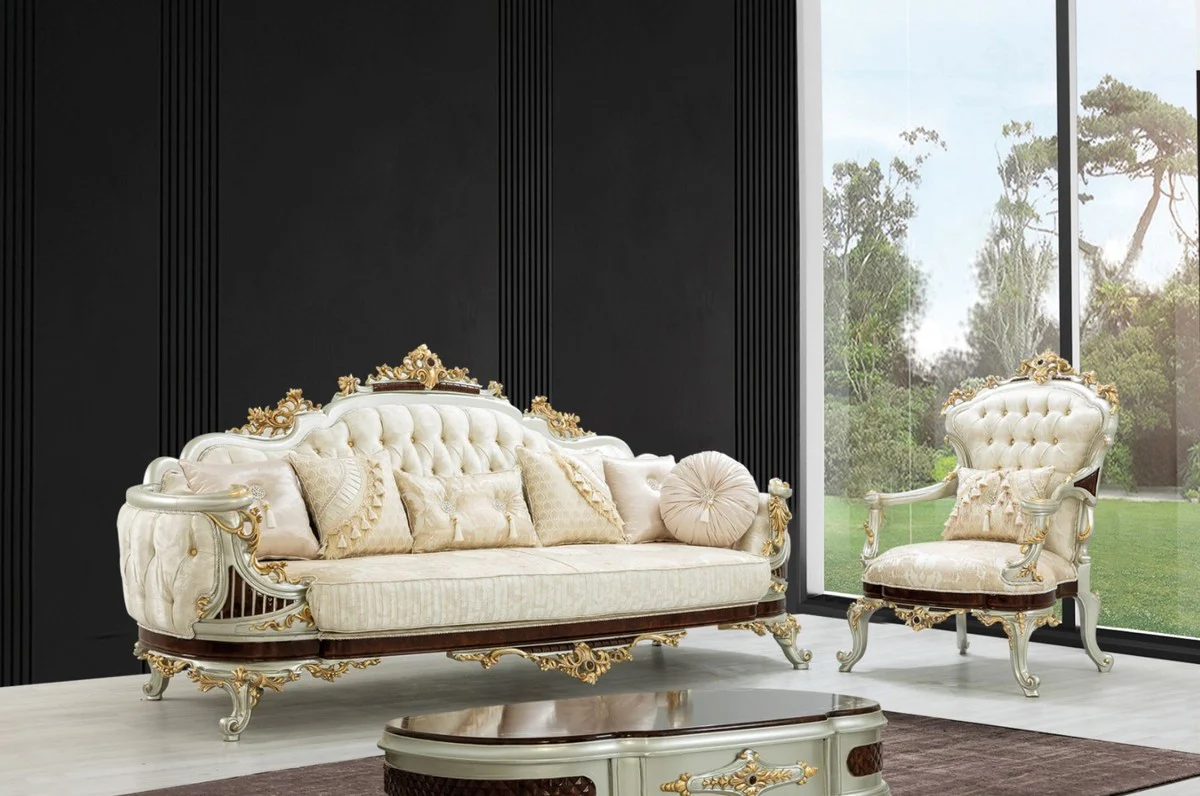 Luxus Barock Sofa Creme / Beige / Dunkelbraun / Silber / Gold 260 x 90 x H. 125 cm - Prunkvolles Barockstil Wohnzimmer Sofa mit elegantem Muster - Barock Möbel