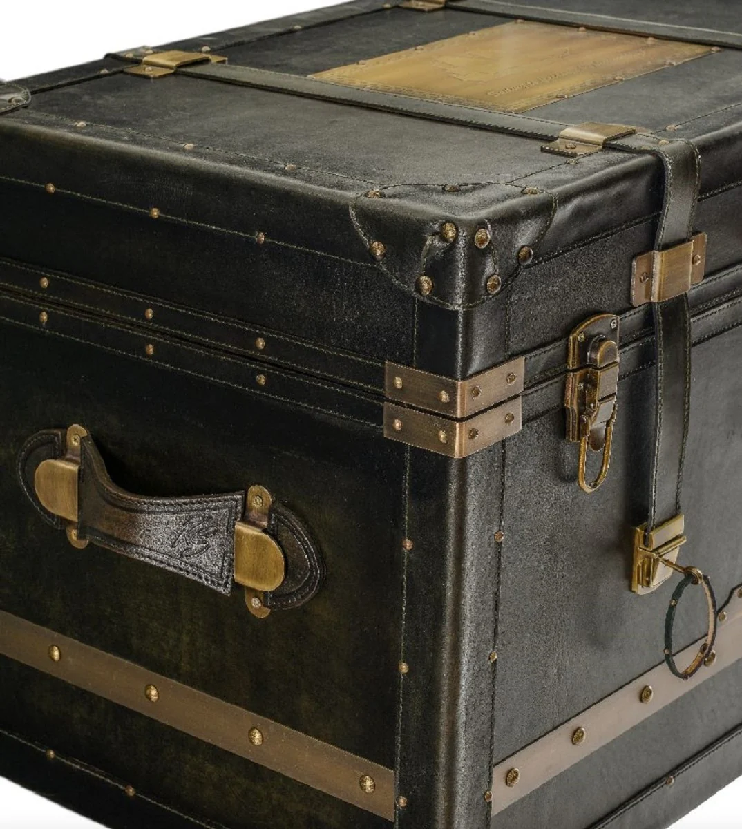 Luxus Minibar in Koffer Optik Schwarz / Braun / Messing 62 x 42 x H. 99 cm - Minibar mit edlem Echtleder - Bar Möbel - Luxus Möbel in Koffer Optik