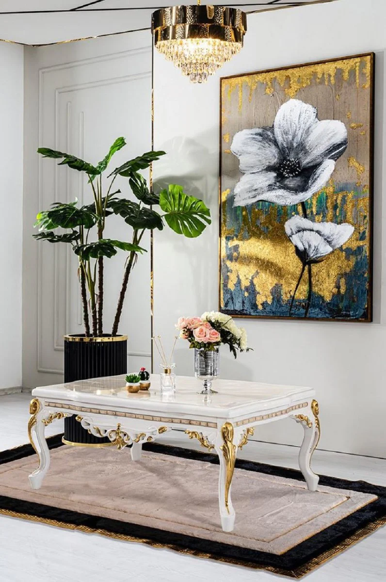 Luxus Barock Couchtisch Weiß / Braun / Gold - Prunkvoller Wohnzimmertisch im Barockstil - Barockstil Wohnzimmer Möbel - Barock Möbel - Barock Einrichtung - Luxus Möbel im Barockstil