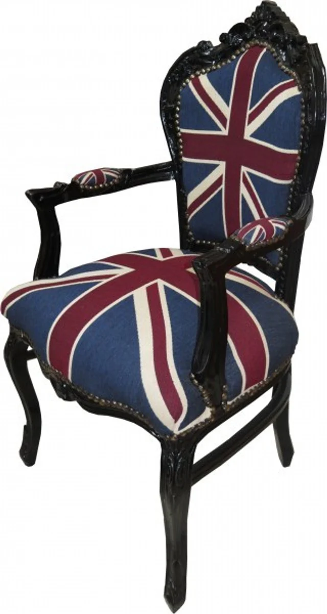 Barock Esszimmer Stuhl mit Armlehnen Union Jack / Schwarz - Antik Stil Möbel