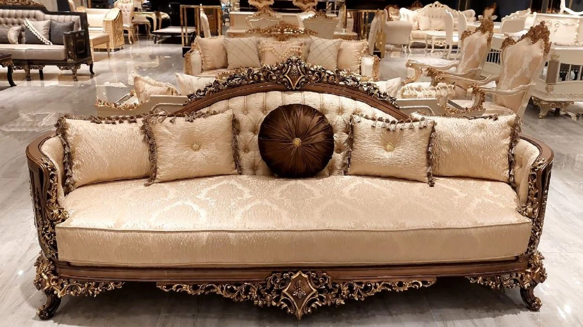 Luxus Barock Wohnzimmer Sofa Gold / Braun / Gold - Handgefertigtes Barockstil Sofa - Luxus Wohnzimmer Möbel im Barockstil - Barock Möbel - Edel & Prunkvoll