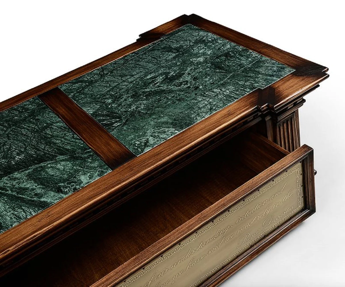Luxus Vintage Stil Couchtisch Braun / Grün / Messing 156 x 89,5 x H. 48 cm - Rechteckiger Massivholz Wohnzimmertisch mit Schublade - Luxus Vintage Stil Wohnzimmer Möbel