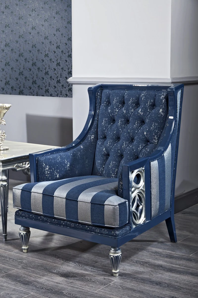 Luxus Barock Chesterfield Wohnzimmer Sessel Blau / Silber gestreift 77 x 76 x H. 100 cm - Barockmöbel