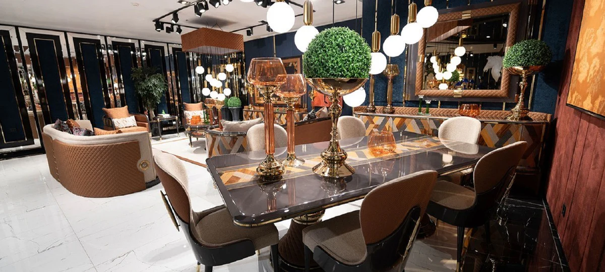 Luxus Art Deco Esszimmer Stuhl 8er Set Creme / Braun / Grau / Gold