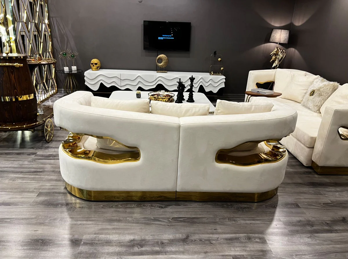 Luxus 3er Sofa Creme / Gold 260 x 100 x H. 77 cm - Wohnzimmer Sofa - Hotel Sofa - Wohnzimmer Möbel - Hotel Möbel - Luxus Möbel - Luxus Einrichtung - Wohnzimmer Einrichtung