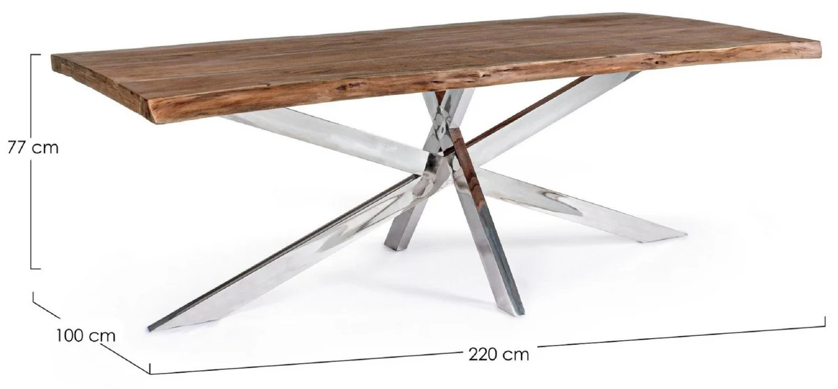 Luxus Esstisch Braun / Silber 220 x 100 x H. 77 cm - Rechteckiger Küchentisch mit Massivholz Tischplatte und Edelstahl Beinen - Esszimmer Möbel - Küchen Möbel - Luxus Möbel