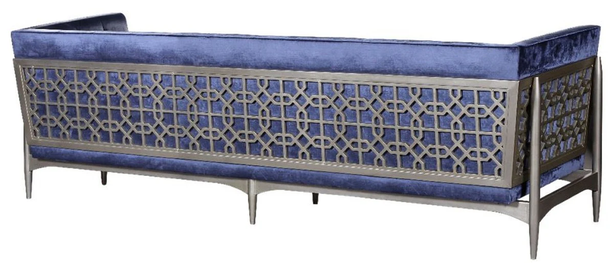 Luxus Art Deco 3er Sofa Blau / Grau 250 x 76 x H. 83 cm - Edles Samt Sofa mit Mahagoni Rahmen - Art Deco Wohnzimmer Möbel