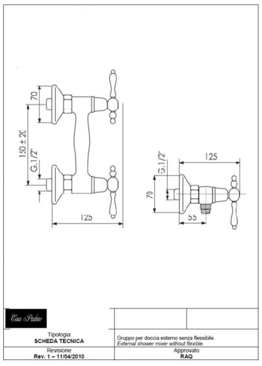 Luxus Bad Zubehör - Jugendstil Retro Brausebatterie ohne flexiblen Anschlussschlauch - Armatur für Badewanne - Chrom - Serie Milano - Made in Italy