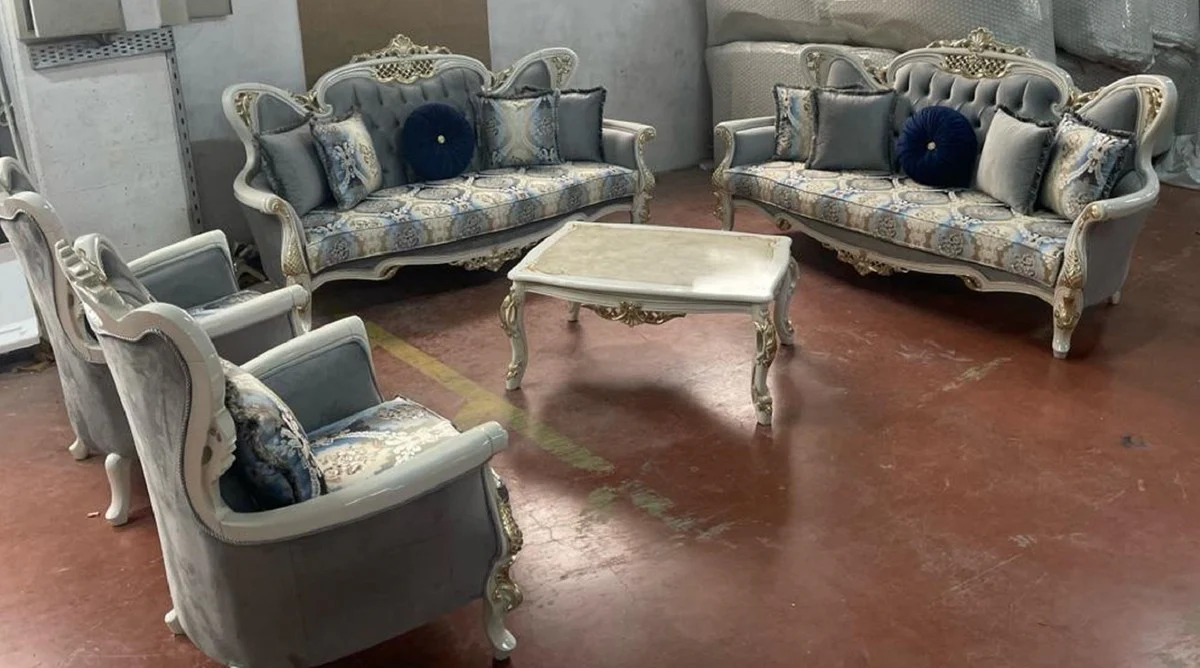 Luxus Barock Massivholz Couchtisch Weiß / Beige / Gold - Handgefertigter Wohnzimmertisch im Barockstil - Barock Wohnzimmer Möbel - Edel & Prunkvoll