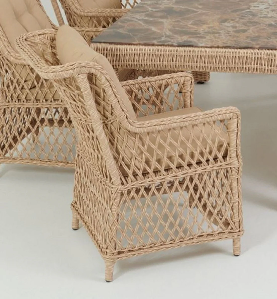 Luxus Gartenstuhl 6er Set Naturfarben / Beige 57 x 61 x H. 80 cm - Rattan Stühle mit Armlehnen und Kissen - Moderne Rattan Garten & Terrassen Möbel