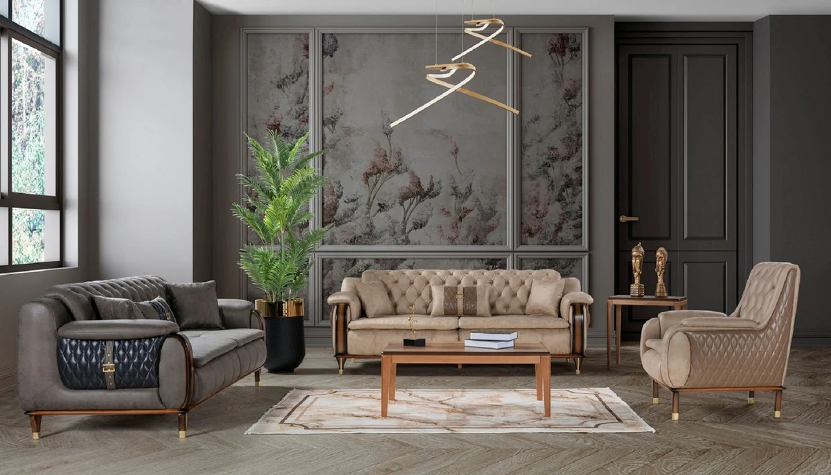 Luxus Chesterfield Sessel Beige / Braun / Schwarz / Gold 75 x 88 x H. 95 cm - Moderner Wohnzimmer Sessel - Wohnzimmer Möbel