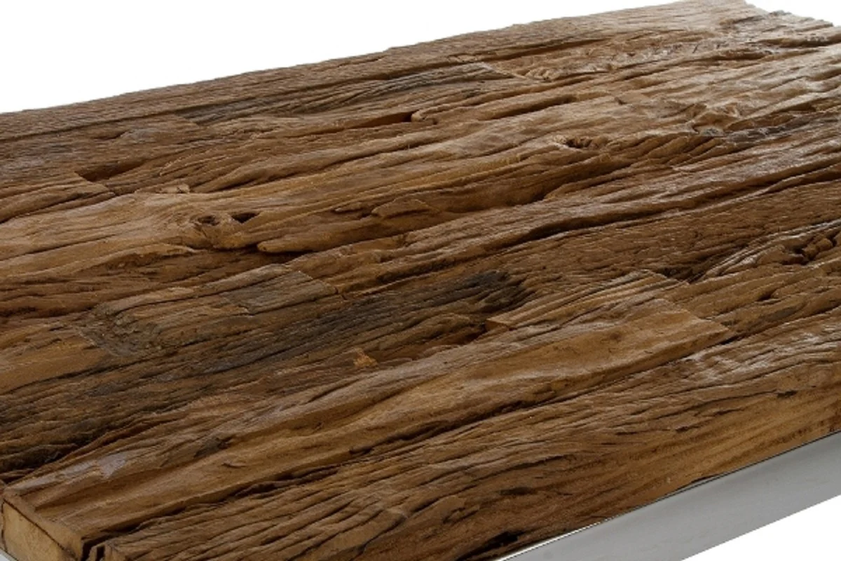 Luxus Couchtisch Braun / Silber 130 x 80 x H. 45 cm - Wohnzimmertisch mit rustikaler Oberfläche und zusätzlicher Glasplatte