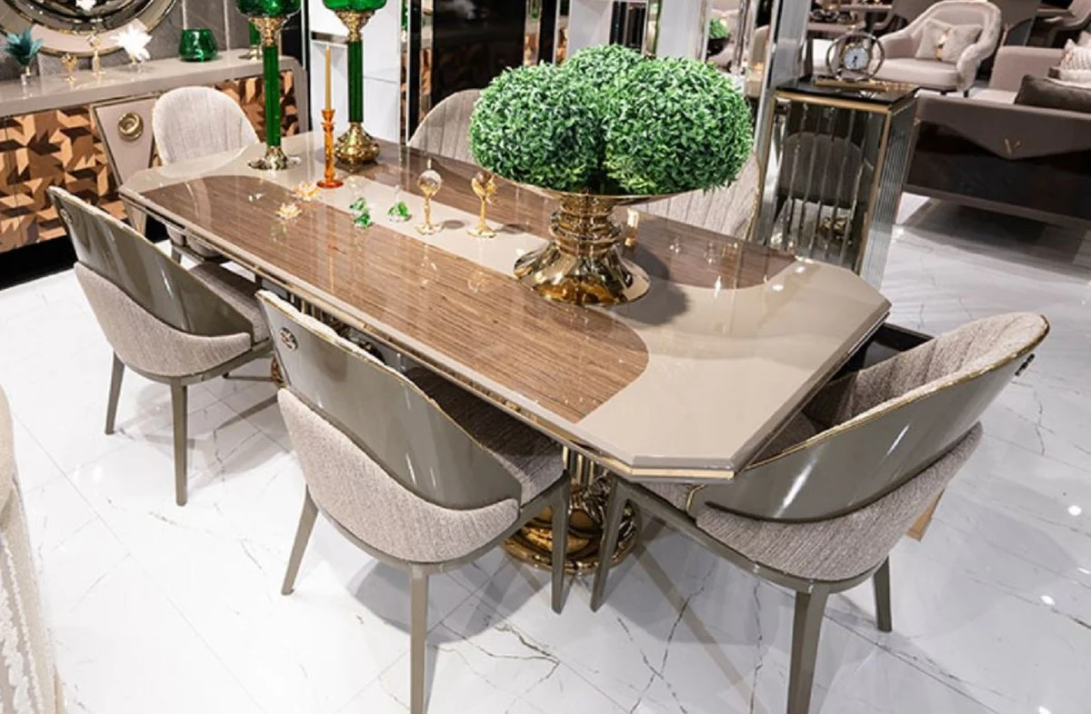 Luxus Esszimmer Set Grau / Braun / Gold - 1 Luxus Esstisch & 6 Luxus Esszimmerstühle - Luxus Esszimmer Möbel