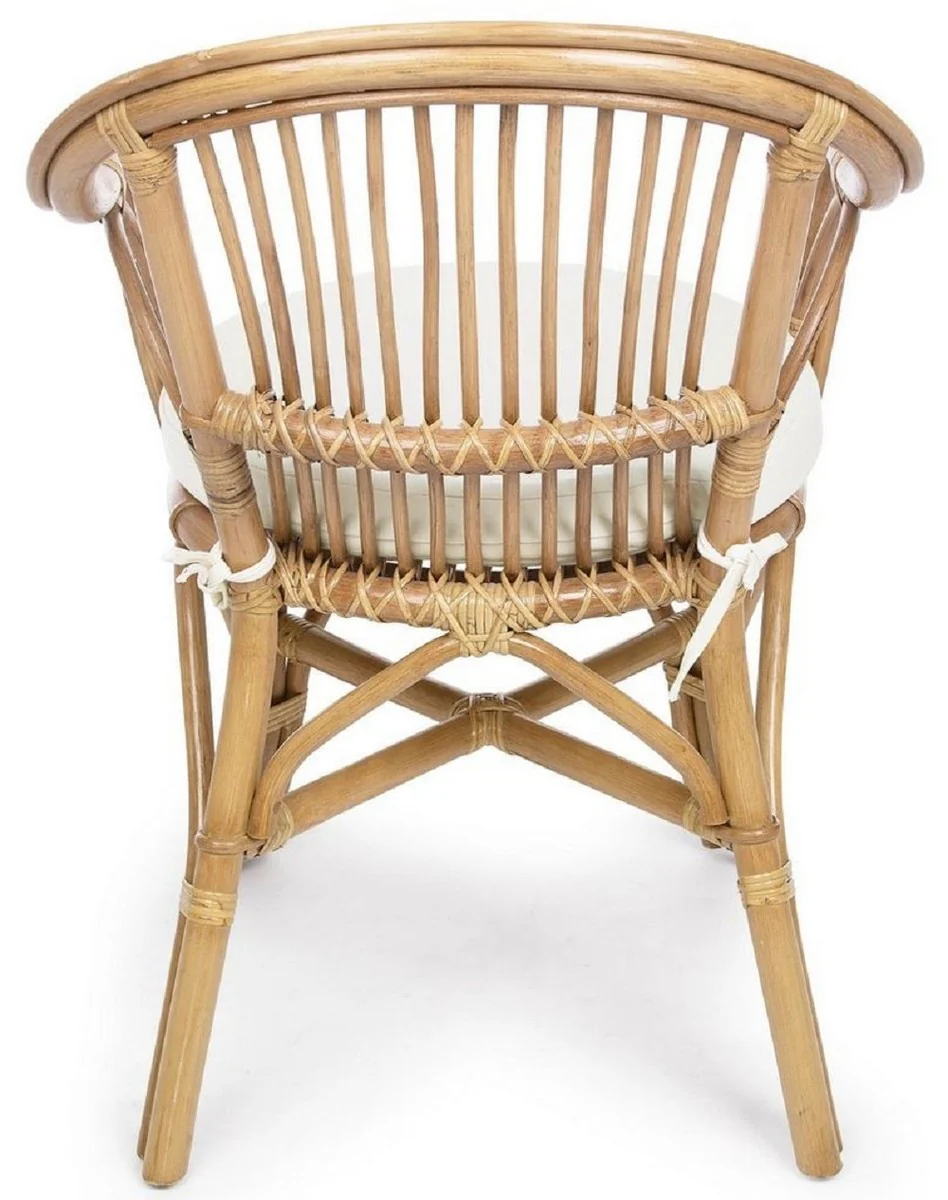 Luxus Gartenstuhl 6er Set Naturfarben / Weiß 57 x 61 x H. 80 cm - Rattan Stühle mit Armlehnen und Sitzkissen - Moderne Rattan Garten & Terrassen Möbel