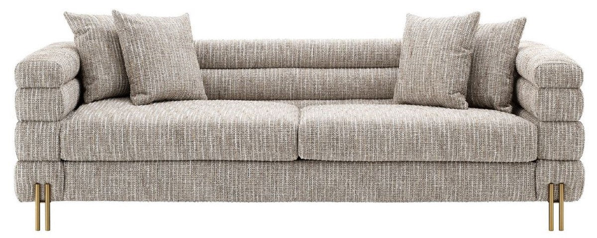 Luxus Sofa mit Kissen Beige / Messingfarben 230 x 97 x H. 69 cm - Wohnzimmer Sofa - Hotel Sofa - Luxus Möbel