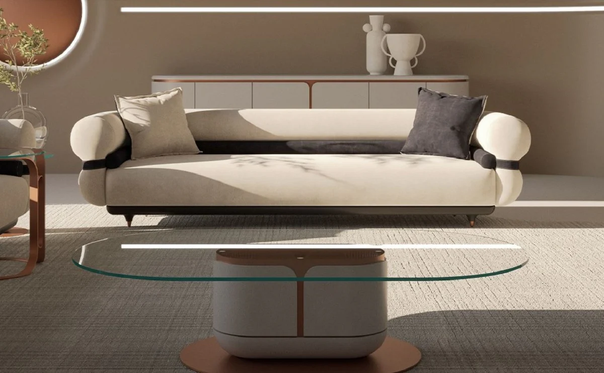 Luxus Sofa Grau / Blau / Schwarz / Kupfer 260 x 88 x H. 65 cm - Wohnzimmer Sofa - Hotel Sofa - Wohnzimmer Möbel - Hotel Möbel - Luxus Möbel - Luxus Einrichtung