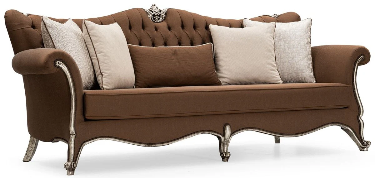 Luxus Barock Wohnzimmer Sofa Braun / Antik Silber - Handgefertigtes Barockstil Sofa mit dekorativen Kissen - Luxus Wohnzimmer Möbel im Barockstil - Barock Möbel - Edel & Prunkvoll