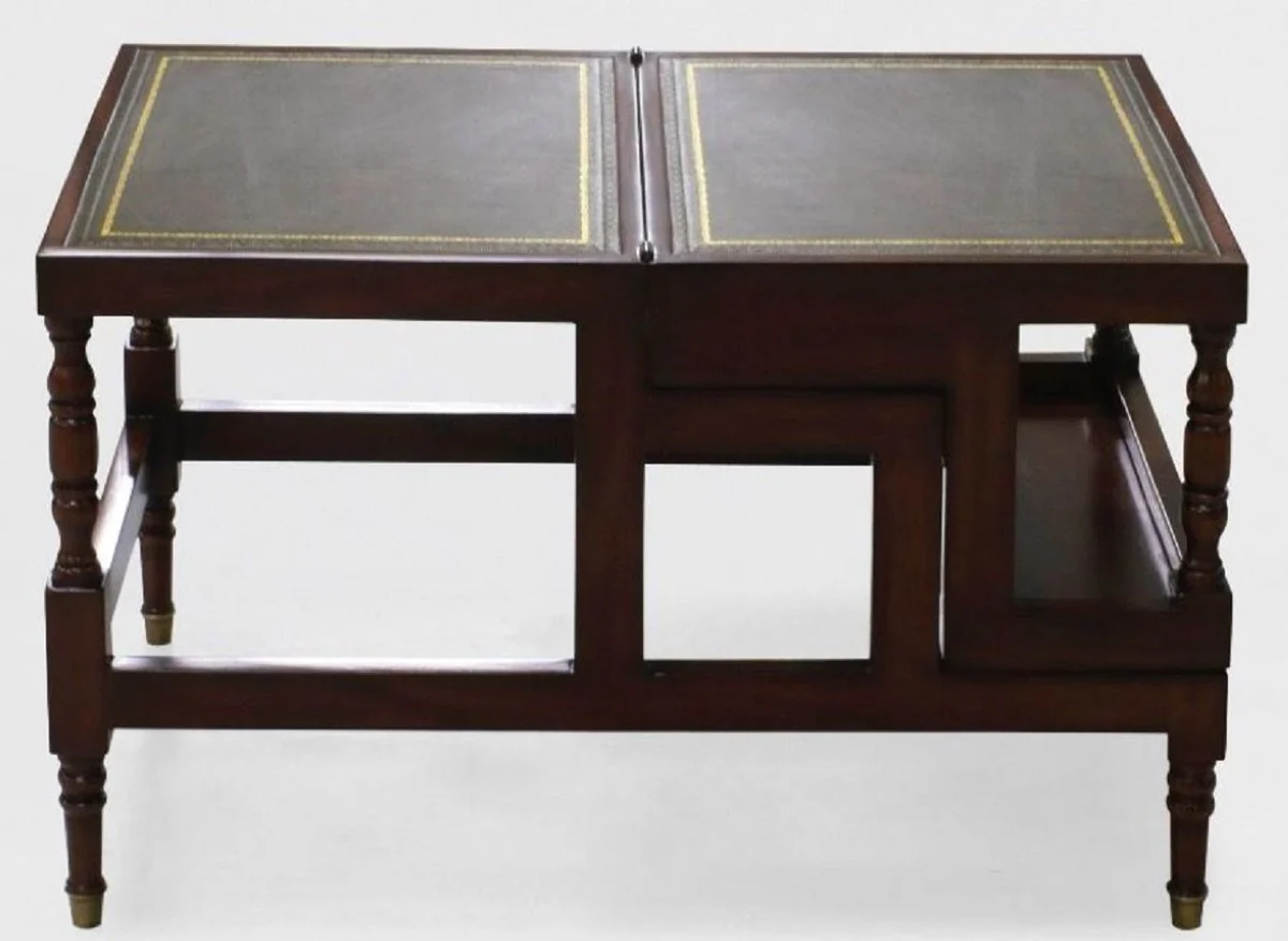 Luxus Jugendstil Couchtisch Dunkelbraun / Grün / Gold - Ausklappbare Massivholz Bibliothekstreppe mit Echtleder - Jugendstil Wohnzimmer Möbel - Edel & Prunkvoll