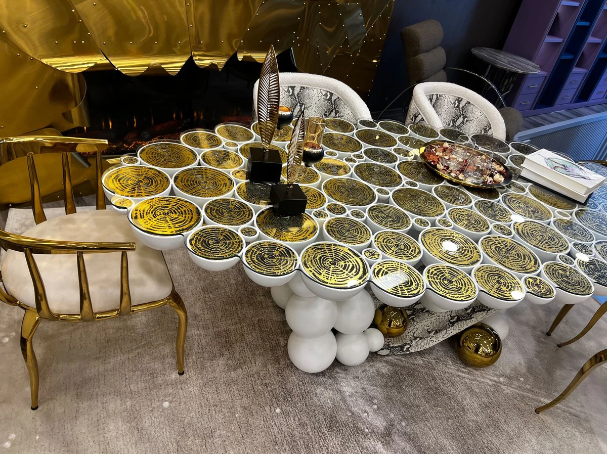 Luxus Designer Esstisch mit Glasplatte Weiß / Gold / Schwarz 230 x 120 x H. 76 cm - Esszimmer Möbel - Luxus Möbel - Designer Möbel