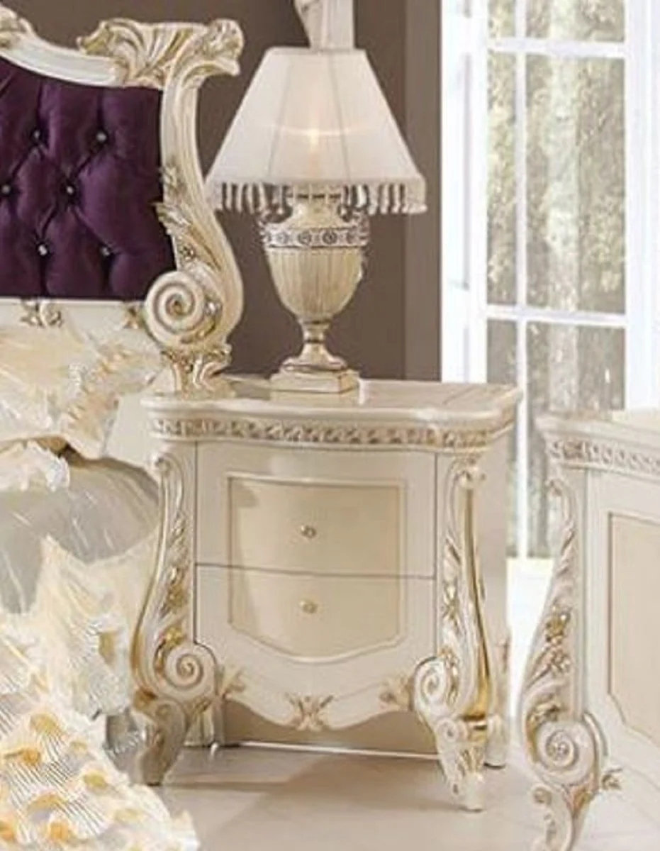 Luxus Barock Nachtkommode Beige / Weiß / Gold - Prunkvoller Barock Nachttisch mit 2 Schubladen - Luxus Schlafzimmer Möbel im Barockstil - Barock Möbel - Barock Einrichtung