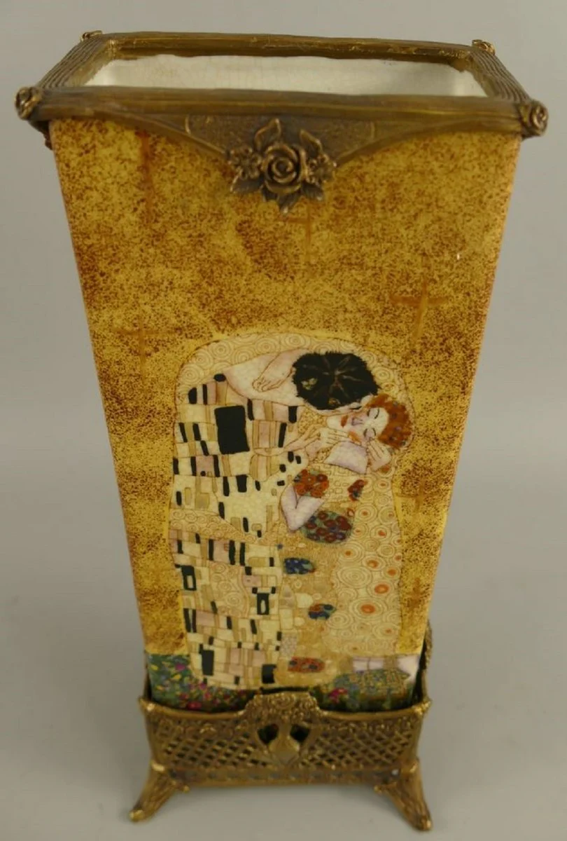 Jugendstil Deko Vase Mehrfarbig / Messing 15 x 10 x H. 34 cm - Porzellan Blumenvase - Barock & Jugendstil Deko Accessoires